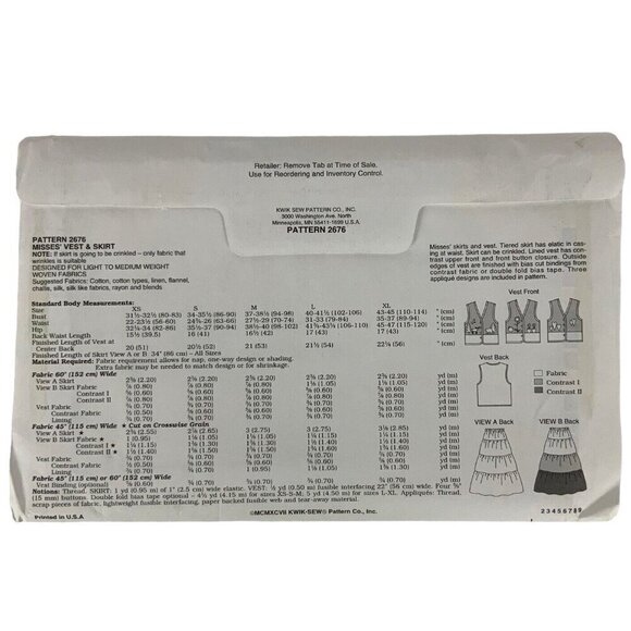 Kwik Sew 2676 Misses Appliqued Vest Tiered Skirt Size XS-XL Sewing Pattern USED - Picture 2 of 3